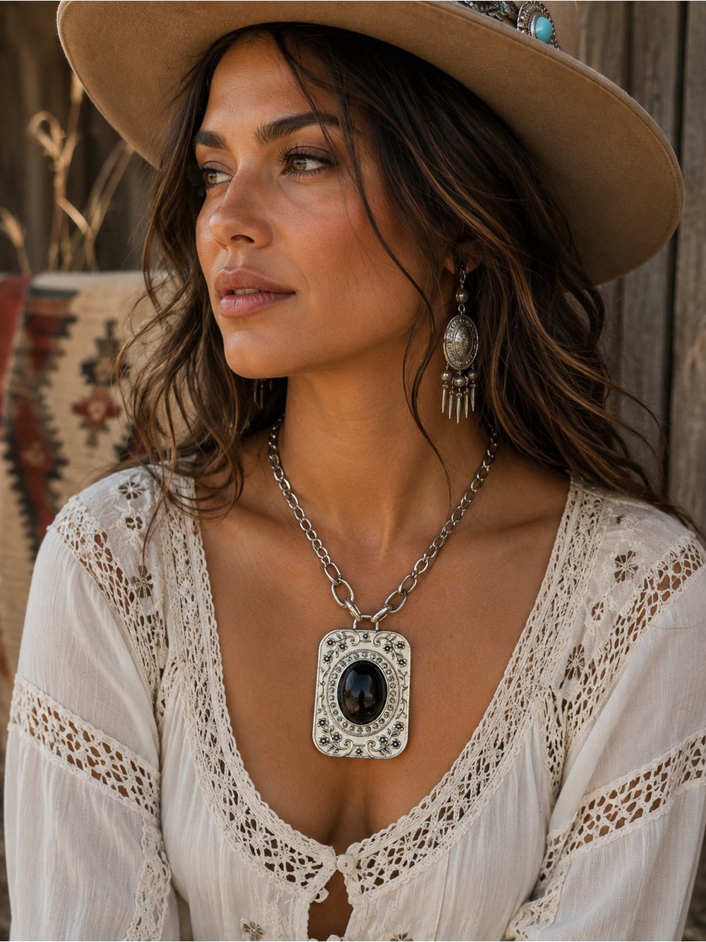 Vintage Western Boho Rectangular Pendant Chain Necklace Sample Piece
